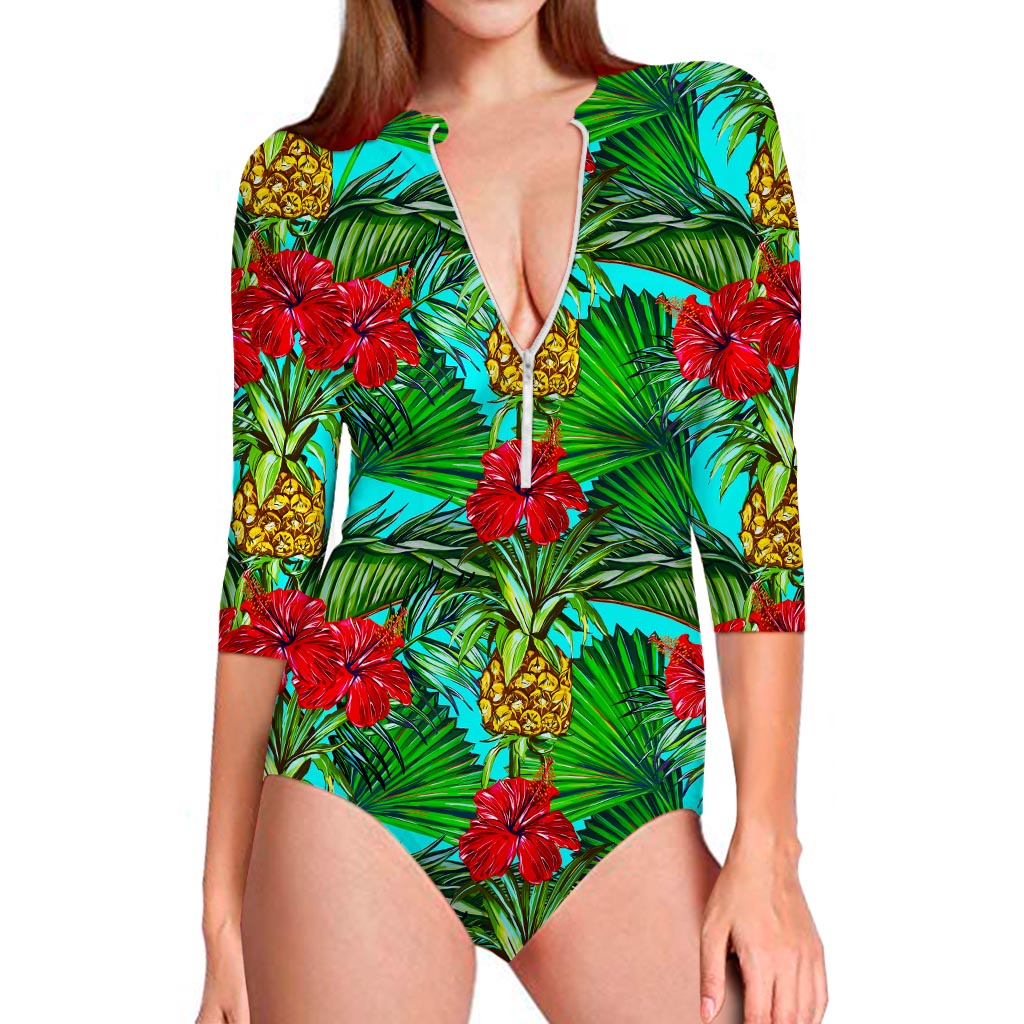 Pineapple Hibiscus Hawaii Pattern Print Long Sleeve Swimsuit