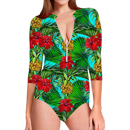 Pineapple Hibiscus Hawaii Pattern Print Long Sleeve Swimsuit