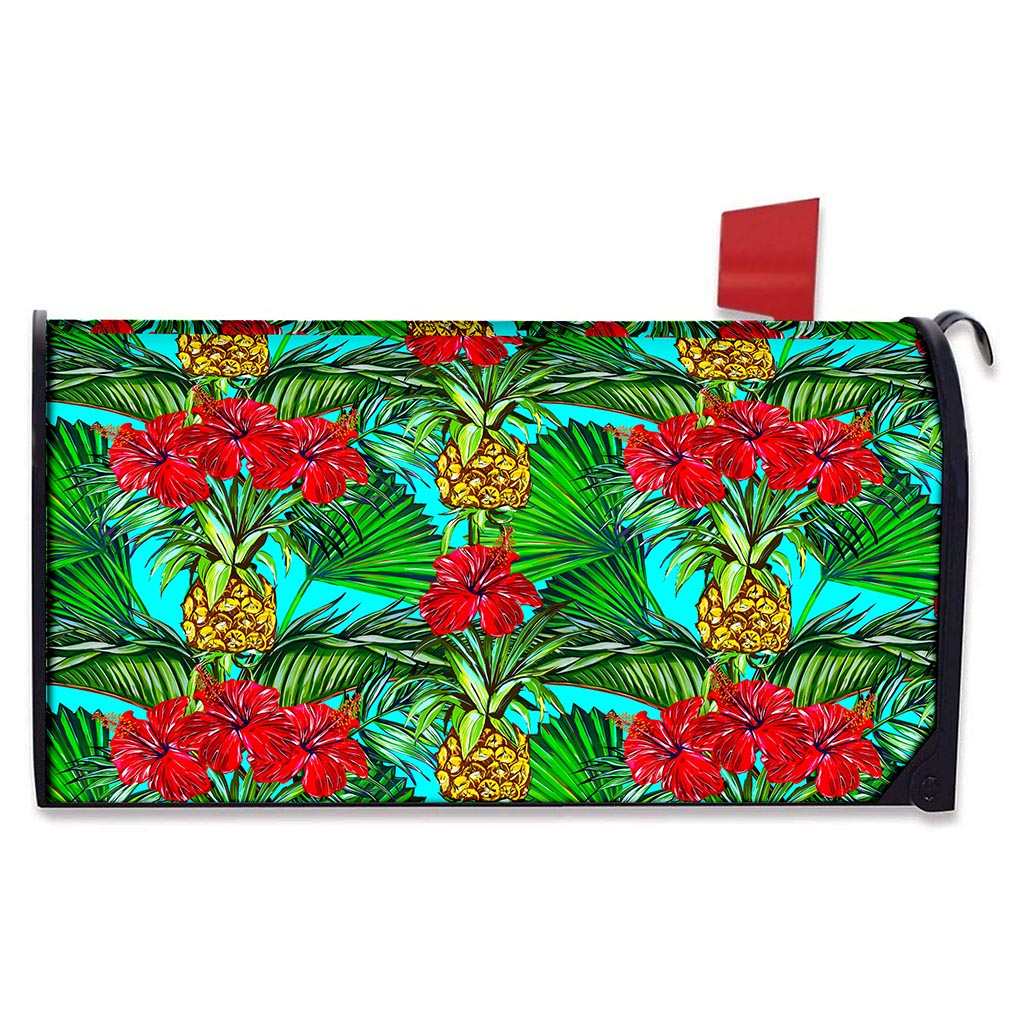 Pineapple Hibiscus Hawaii Pattern Print Mailbox Cover
