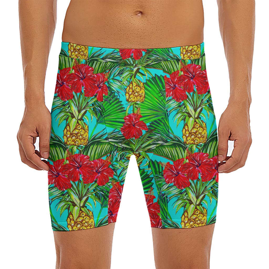 Pineapple Hibiscus Hawaii Pattern Print Men's Long Boxer Briefs