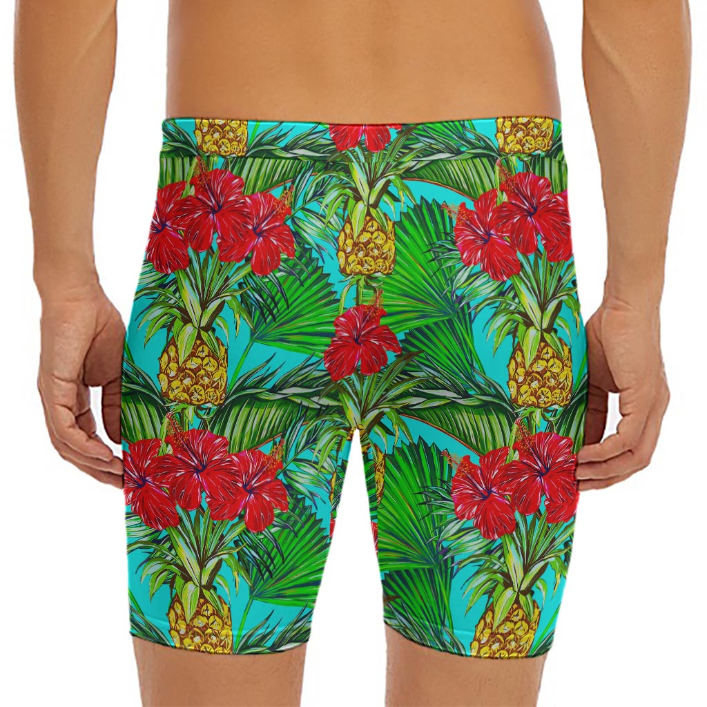 Pineapple Hibiscus Hawaii Pattern Print Men's Long Boxer Briefs