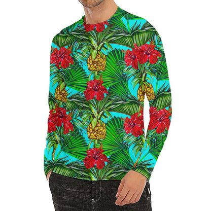 Pineapple Hibiscus Hawaii Pattern Print Men's Long Sleeve Rash Guard