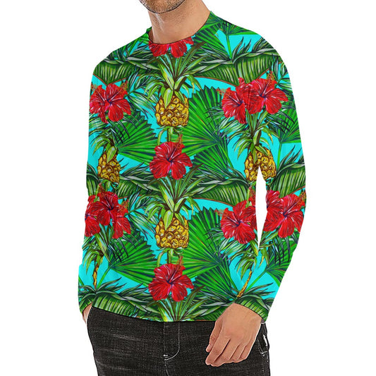 Pineapple Hibiscus Hawaii Pattern Print Men's Long Sleeve Rash Guard