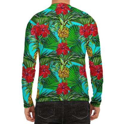 Pineapple Hibiscus Hawaii Pattern Print Men's Long Sleeve Rash Guard