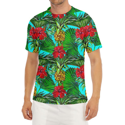 Pineapple Hibiscus Hawaii Pattern Print Men's Short Sleeve Rash Guard
