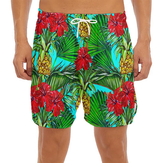 Pineapple Hibiscus Hawaii Pattern Print Men's Split Running Shorts