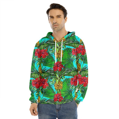Pineapple Hibiscus Hawaii Pattern Print Men's Velvet Pullover Hoodie