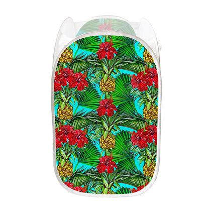 Pineapple Hibiscus Hawaii Pattern Print Mesh Laundry Hamper