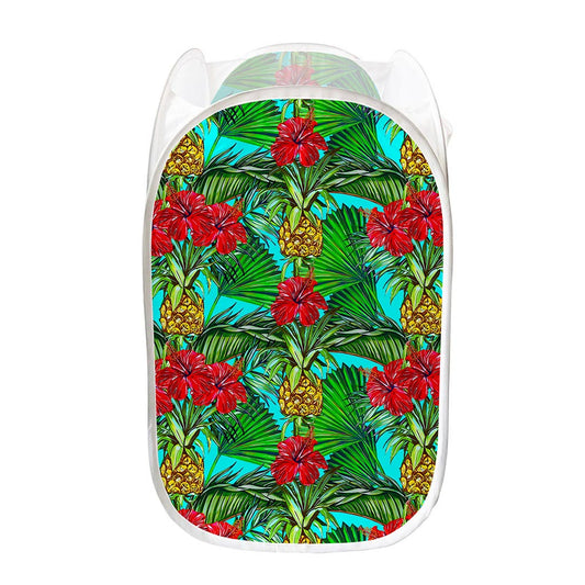 Pineapple Hibiscus Hawaii Pattern Print Mesh Laundry Hamper