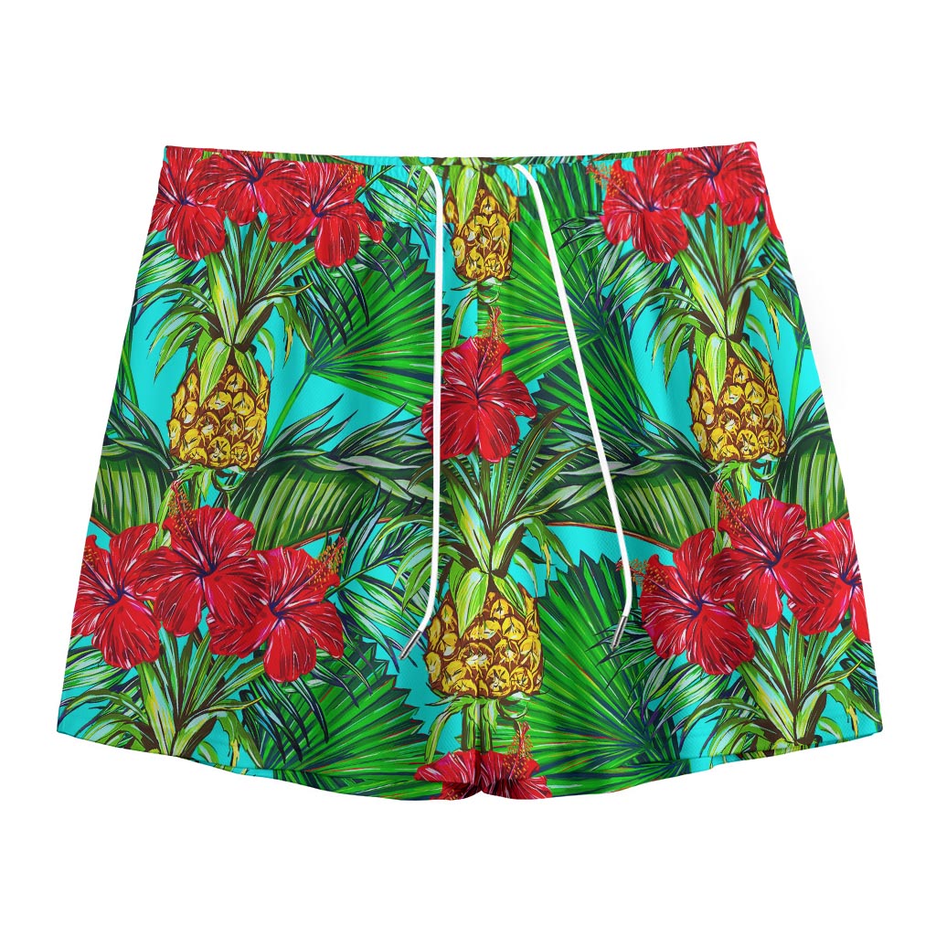 Pineapple Hibiscus Hawaii Pattern Print Mesh Shorts