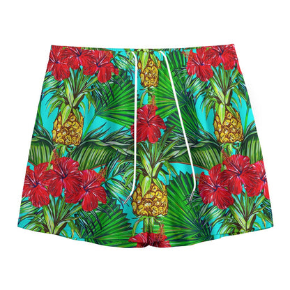 Pineapple Hibiscus Hawaii Pattern Print Mesh Shorts