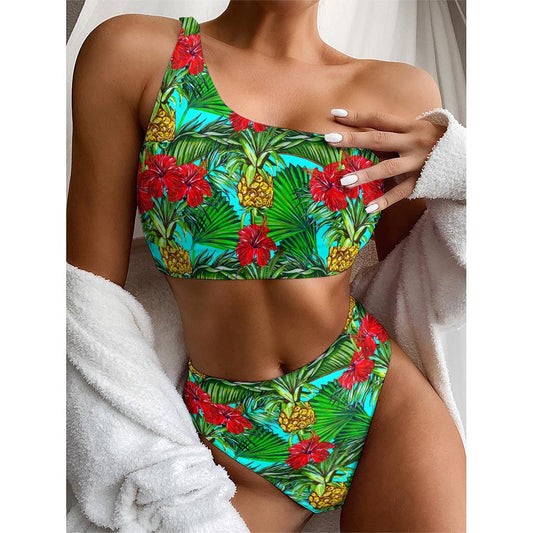 Pineapple Hibiscus Hawaii Pattern Print One Shoulder Bikini Top