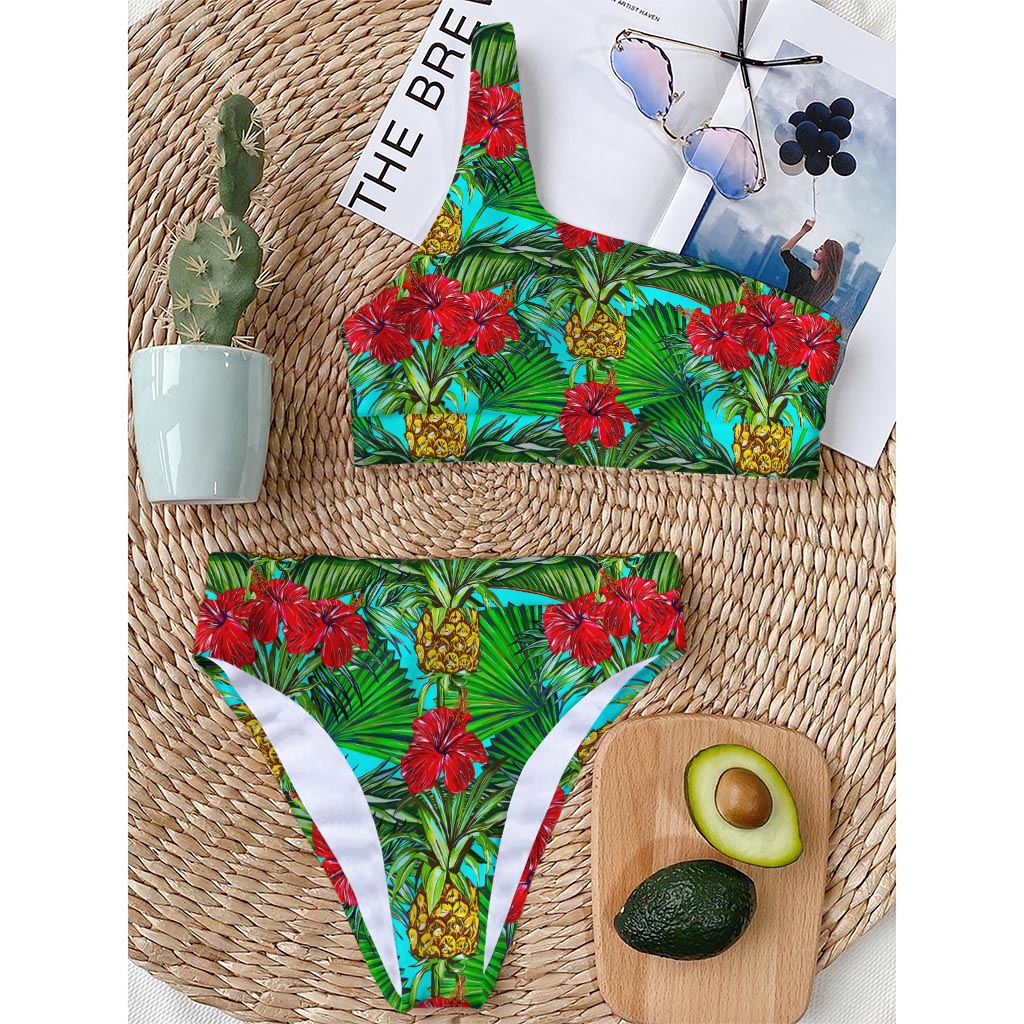 Pineapple Hibiscus Hawaii Pattern Print One Shoulder Bikini Top
