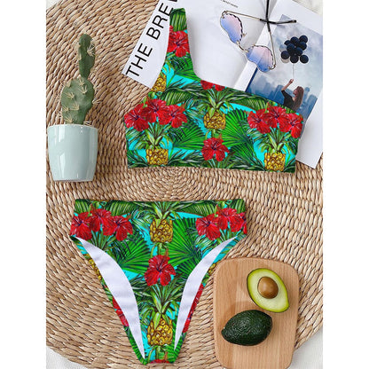 Pineapple Hibiscus Hawaii Pattern Print One Shoulder Bikini Top