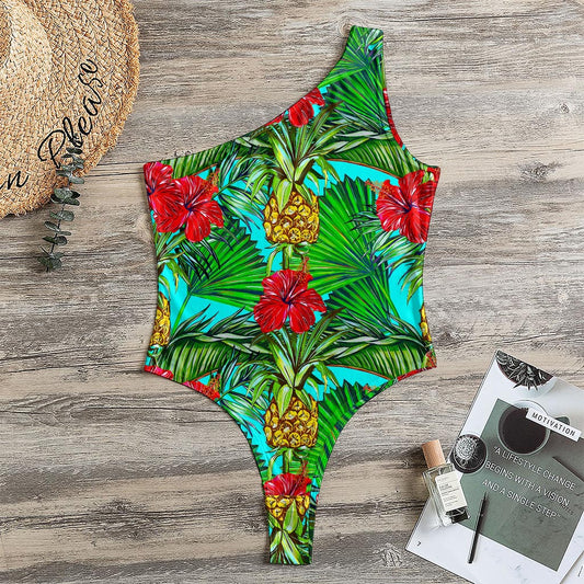 Pineapple Hibiscus Hawaii Pattern Print One Shoulder Bodysuit