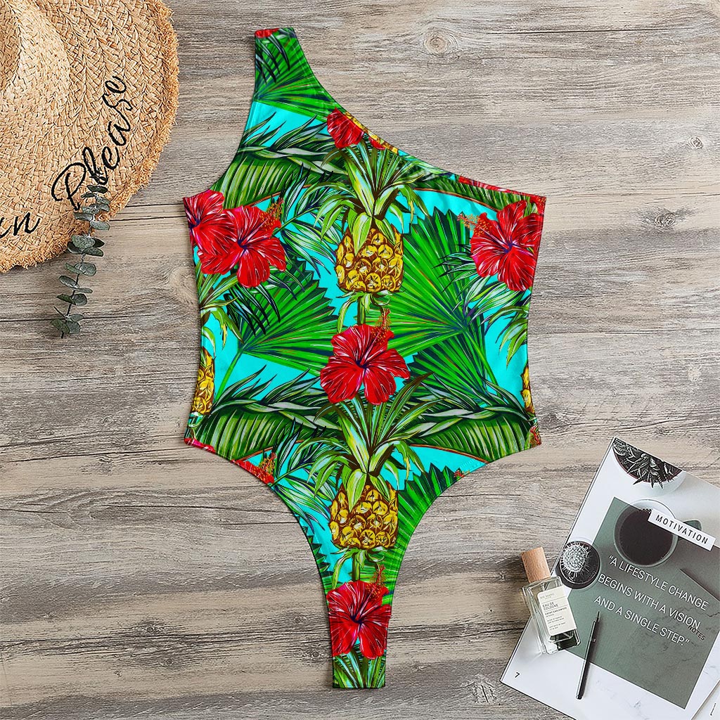 Pineapple Hibiscus Hawaii Pattern Print One Shoulder Bodysuit