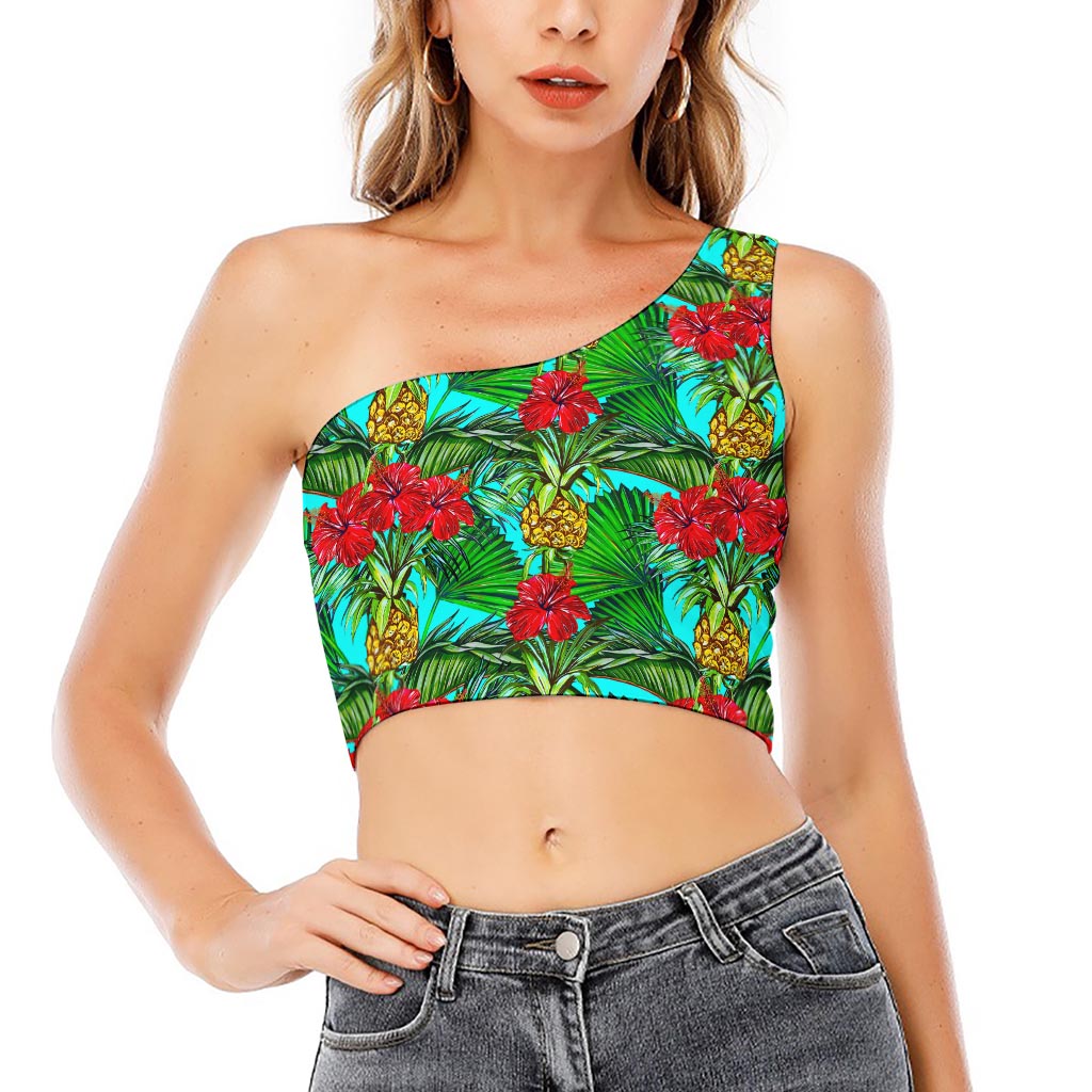Pineapple Hibiscus Hawaii Pattern Print One Shoulder Crop Top