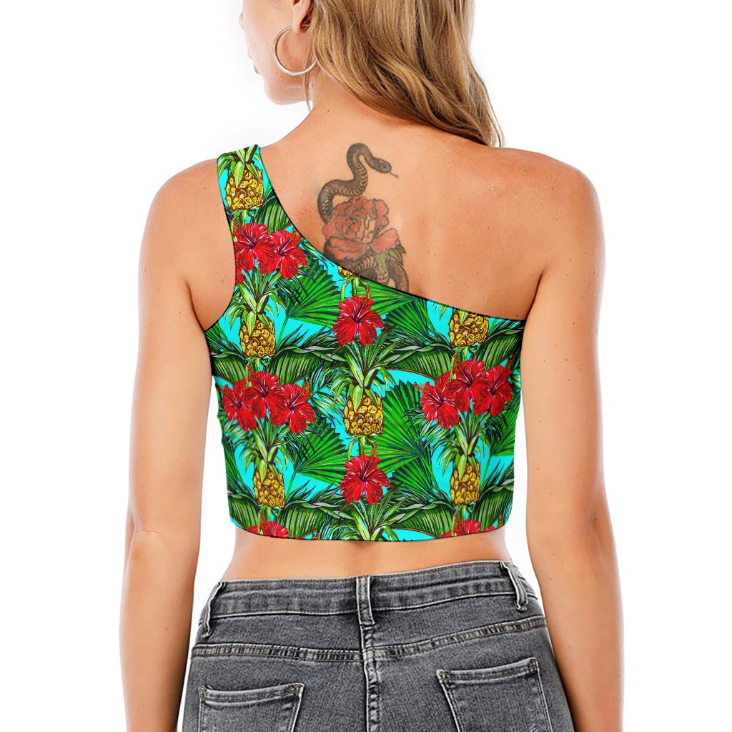 Pineapple Hibiscus Hawaii Pattern Print One Shoulder Crop Top