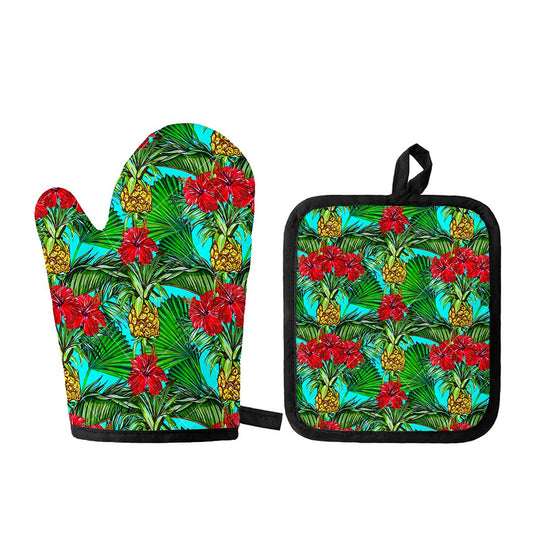 Pineapple Hibiscus Hawaii Pattern Print Oven Mitt And Pot Holder Set