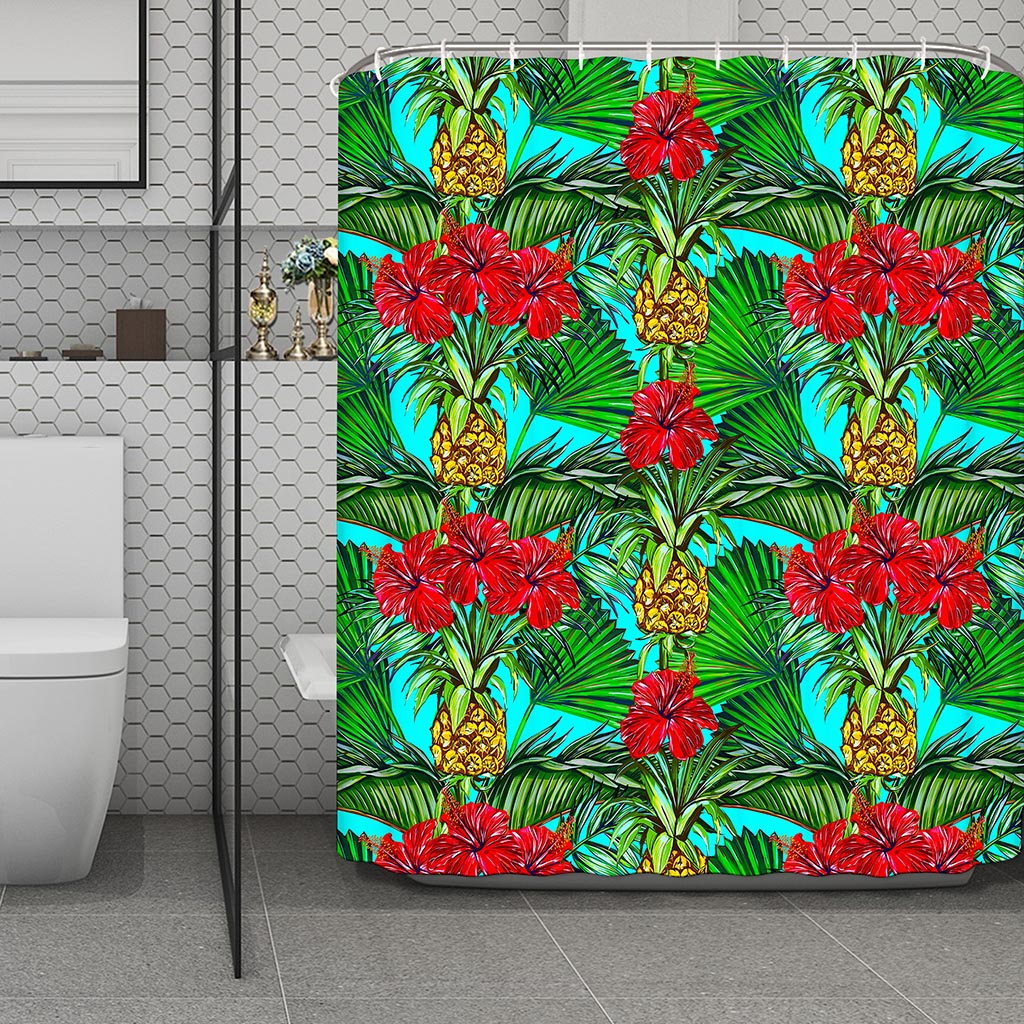 Pineapple Hibiscus Hawaii Pattern Print Polyester Shower Curtain