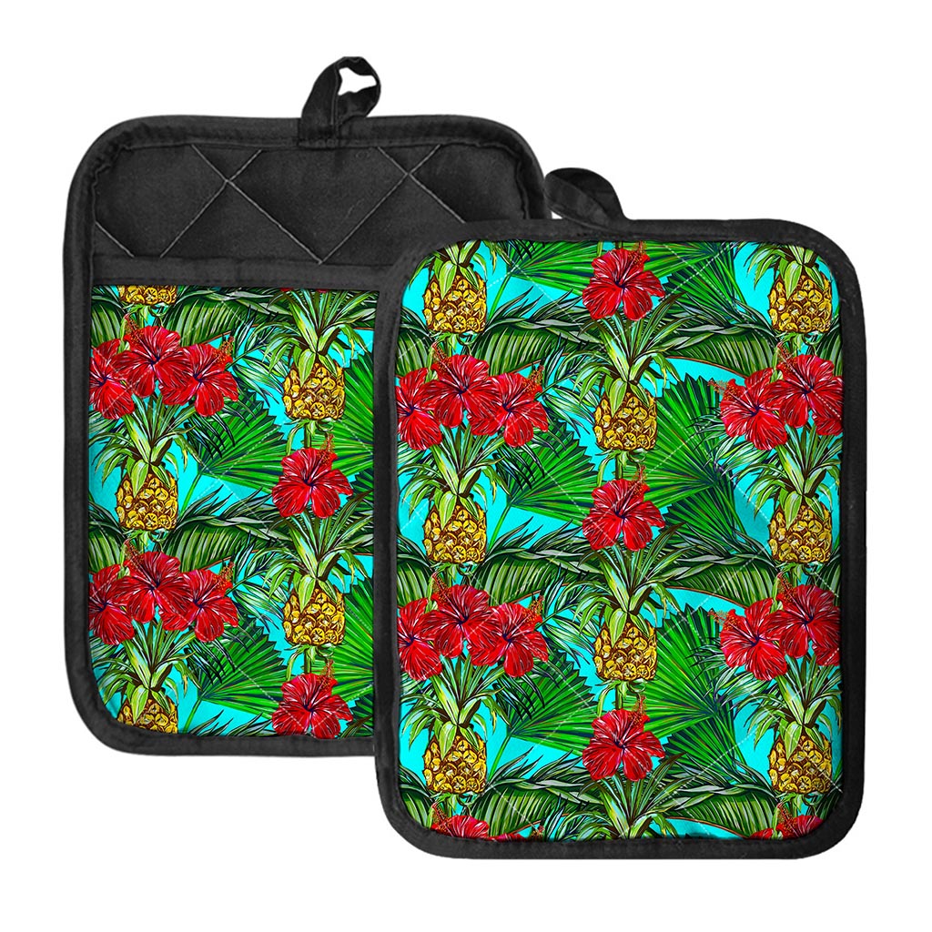 Pineapple Hibiscus Hawaii Pattern Print Pot Holders With Pocket