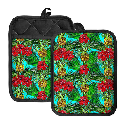 Pineapple Hibiscus Hawaii Pattern Print Pot Holders With Pocket