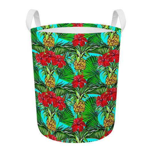 Pineapple Hibiscus Hawaii Pattern Print Round Laundry Basket