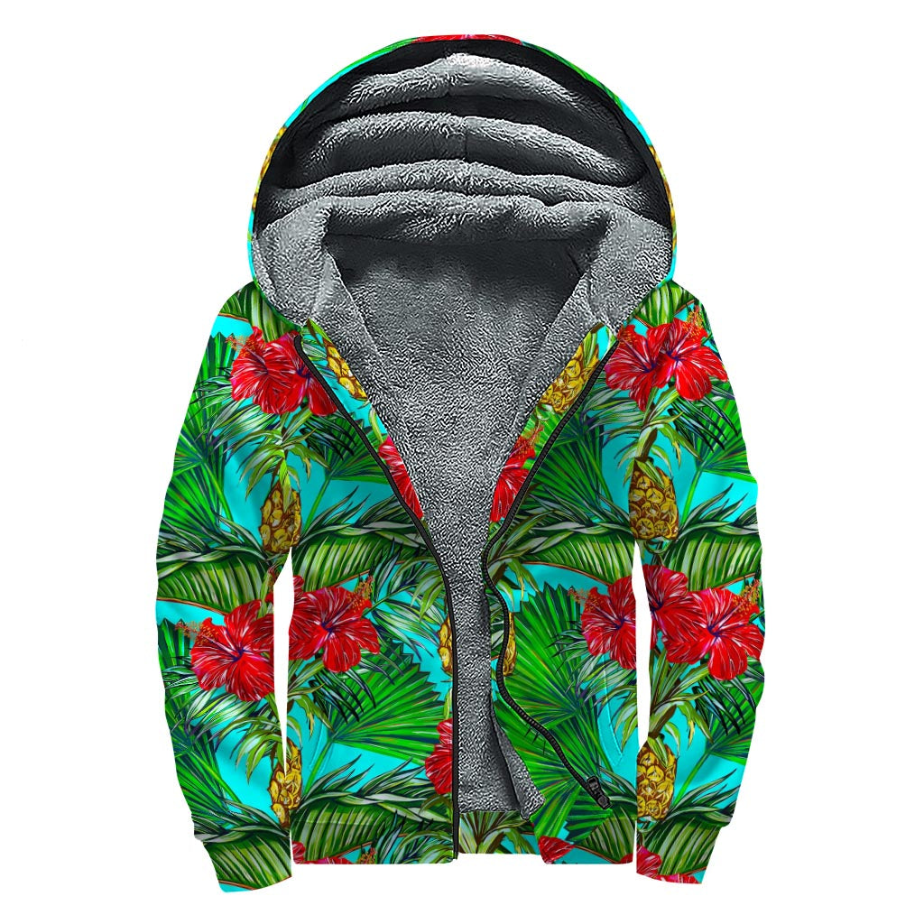 Pineapple Hibiscus Hawaii Pattern Print Sherpa Lined Zip Up Hoodie