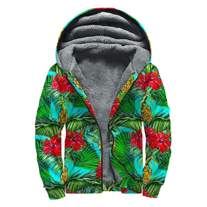 Pineapple Hibiscus Hawaii Pattern Print Sherpa Lined Zip Up Hoodie