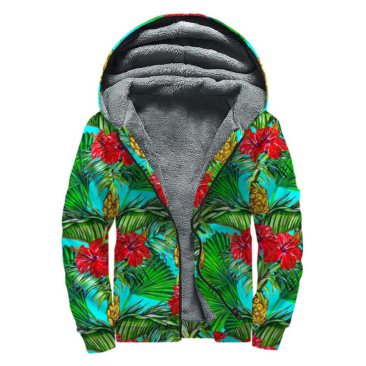 Pineapple Hibiscus Hawaii Pattern Print Sherpa Lined Zip Up Hoodie