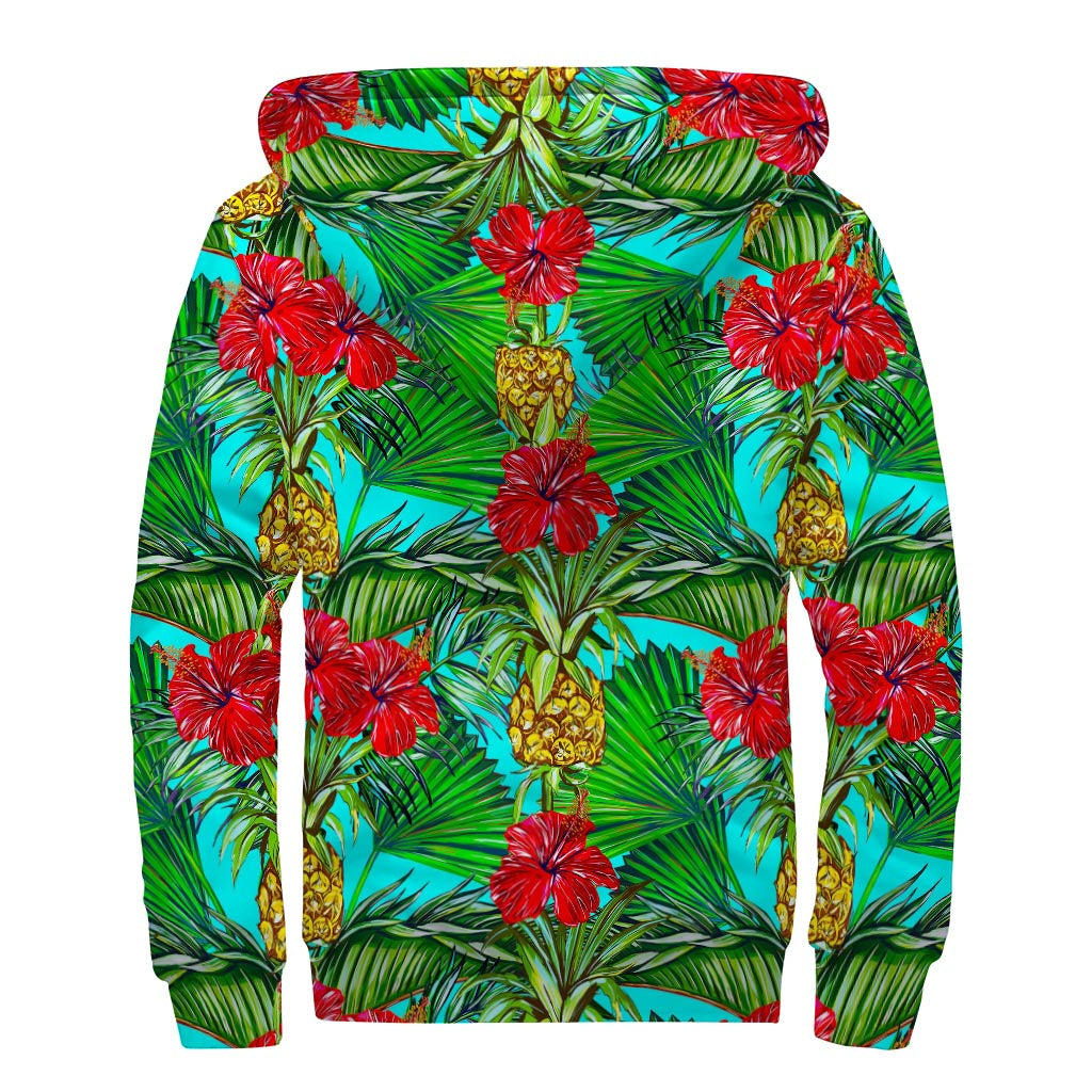Pineapple Hibiscus Hawaii Pattern Print Sherpa Lined Zip Up Hoodie