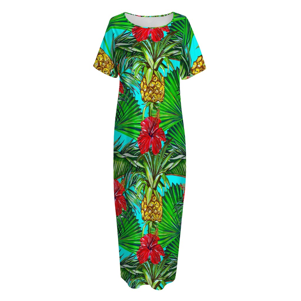 Pineapple Hibiscus Hawaii Pattern Print Short Sleeve Long Nightdress