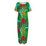 Pineapple Hibiscus Hawaii Pattern Print Short Sleeve Long Nightdress