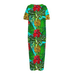 Pineapple Hibiscus Hawaii Pattern Print Short Sleeve Long Nightdress