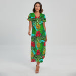 Pineapple Hibiscus Hawaii Pattern Print Short Sleeve Maxi Dress