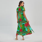 Pineapple Hibiscus Hawaii Pattern Print Short Sleeve Maxi Dress