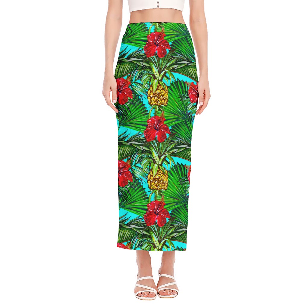 Pineapple Hibiscus Hawaii Pattern Print Side Slit Maxi Skirt