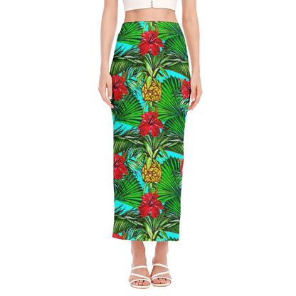 Pineapple Hibiscus Hawaii Pattern Print Side Slit Maxi Skirt