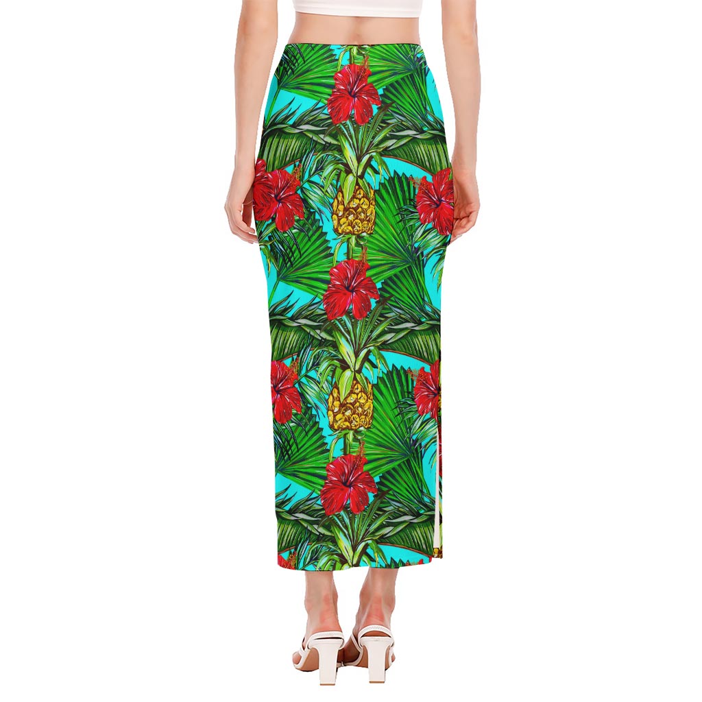 Pineapple Hibiscus Hawaii Pattern Print Side Slit Maxi Skirt