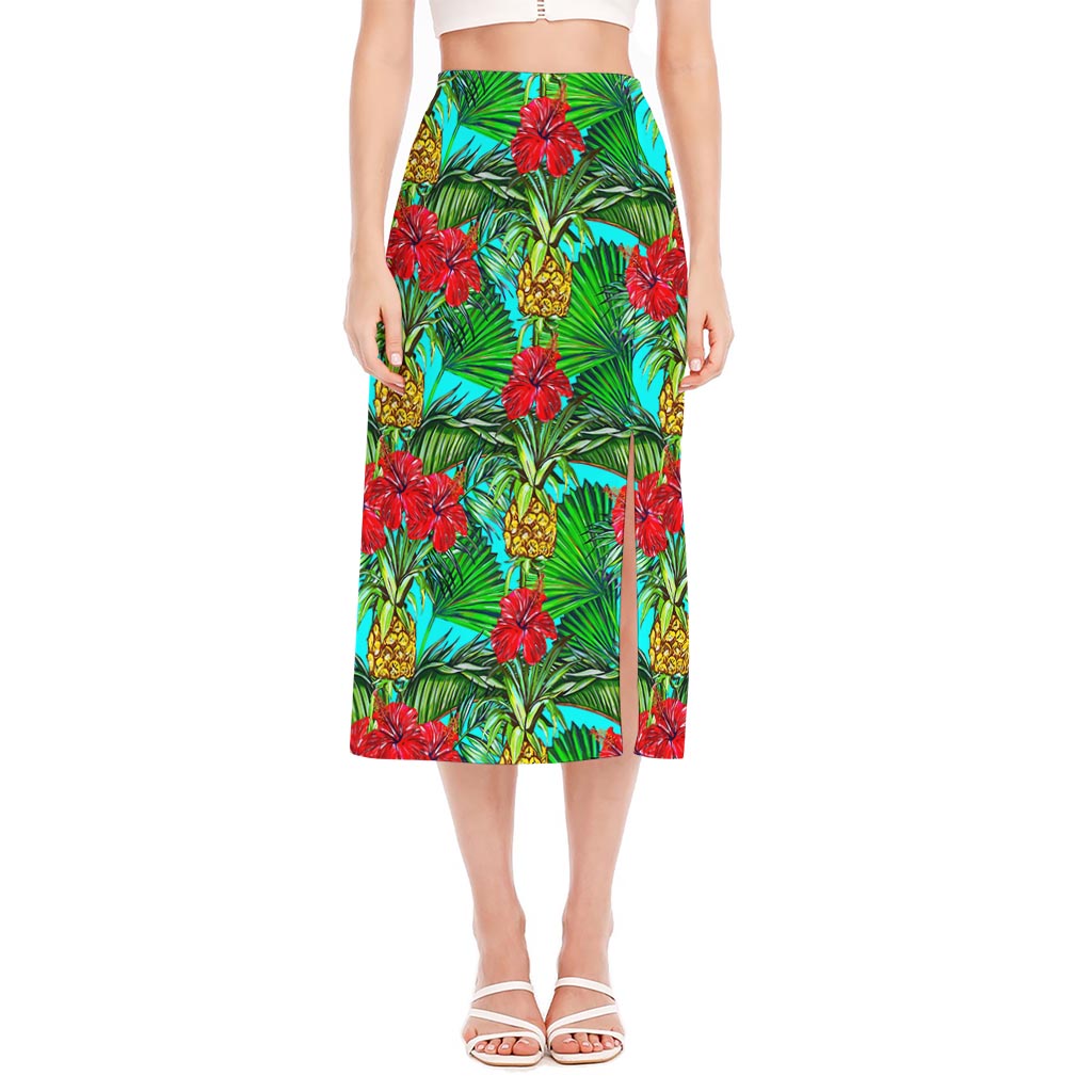 Pineapple Hibiscus Hawaii Pattern Print Side Slit Midi Skirt