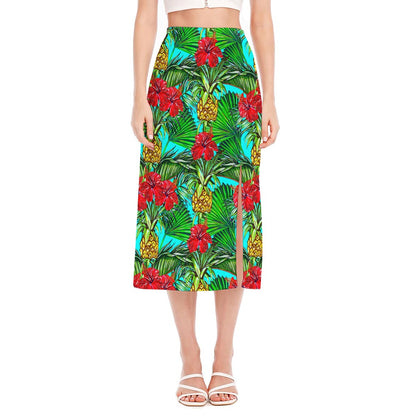 Pineapple Hibiscus Hawaii Pattern Print Side Slit Midi Skirt