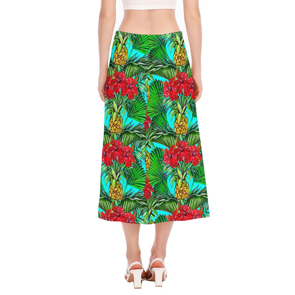 Pineapple Hibiscus Hawaii Pattern Print Side Slit Midi Skirt