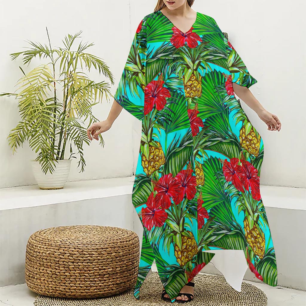 Pineapple Hibiscus Hawaii Pattern Print Silk V-Neck Kaftan Dress