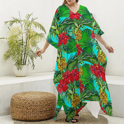 Pineapple Hibiscus Hawaii Pattern Print Silk V-Neck Kaftan Dress