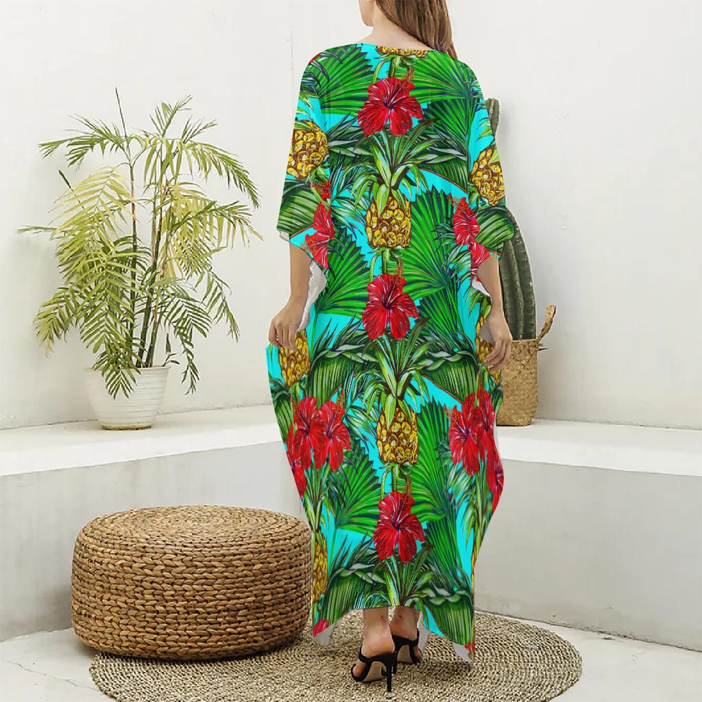 Pineapple Hibiscus Hawaii Pattern Print Silk V-Neck Kaftan Dress