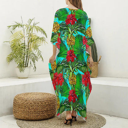 Pineapple Hibiscus Hawaii Pattern Print Silk V-Neck Kaftan Dress