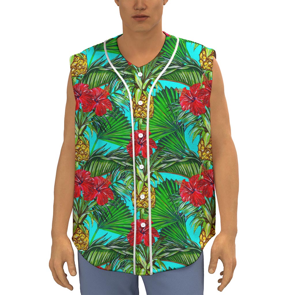 Pineapple Hibiscus Hawaii Pattern Print Sleeveless Baseball Jersey