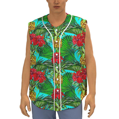 Pineapple Hibiscus Hawaii Pattern Print Sleeveless Baseball Jersey