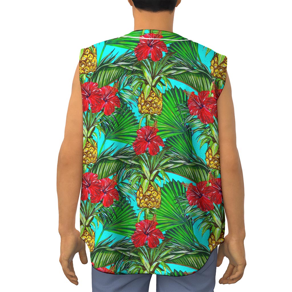 Pineapple Hibiscus Hawaii Pattern Print Sleeveless Baseball Jersey