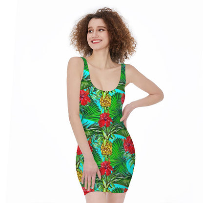 Pineapple Hibiscus Hawaii Pattern Print Sleeveless Bodycon Dress